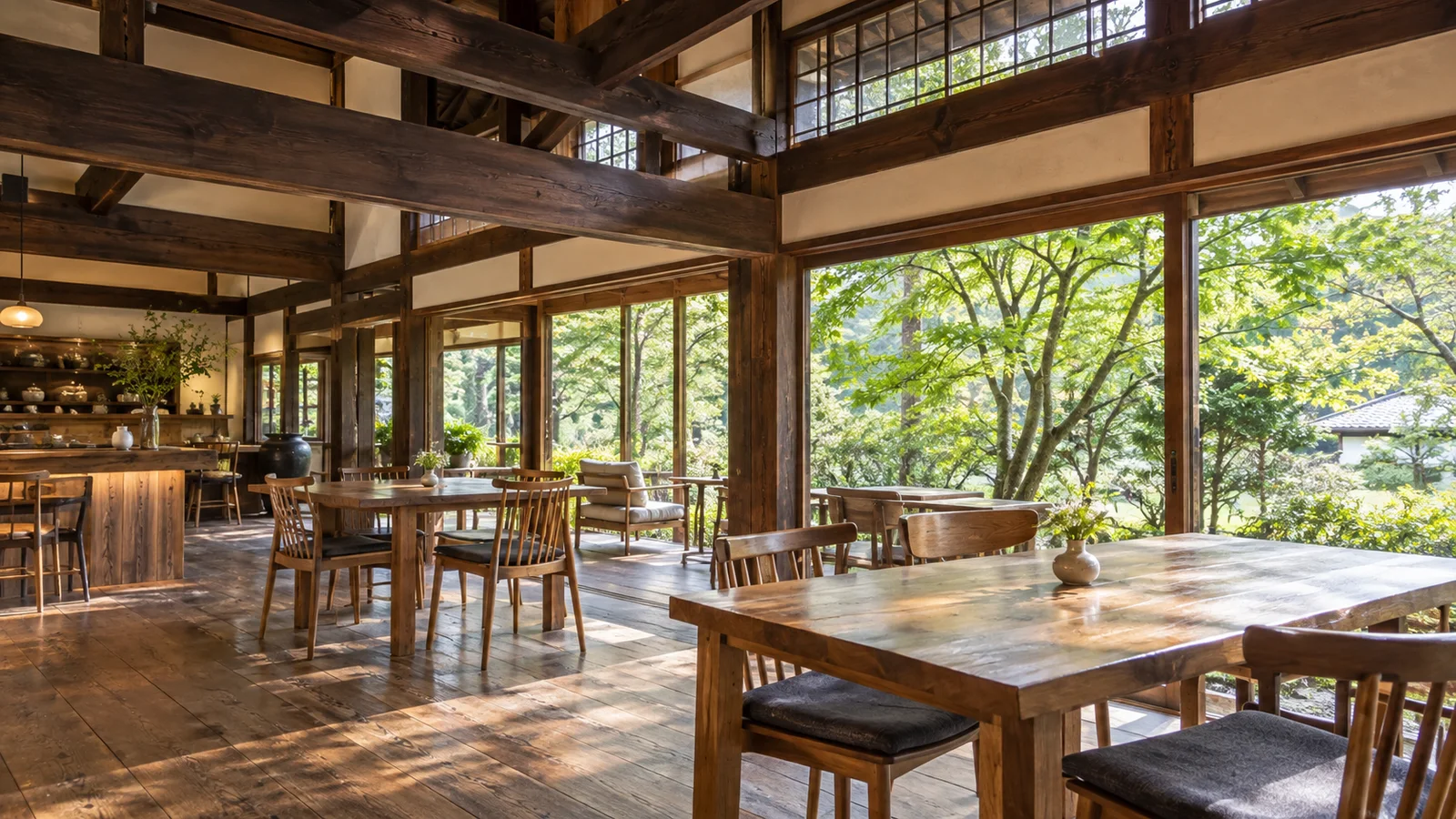 木の梁と庭の緑が見える古民家カフェの店内