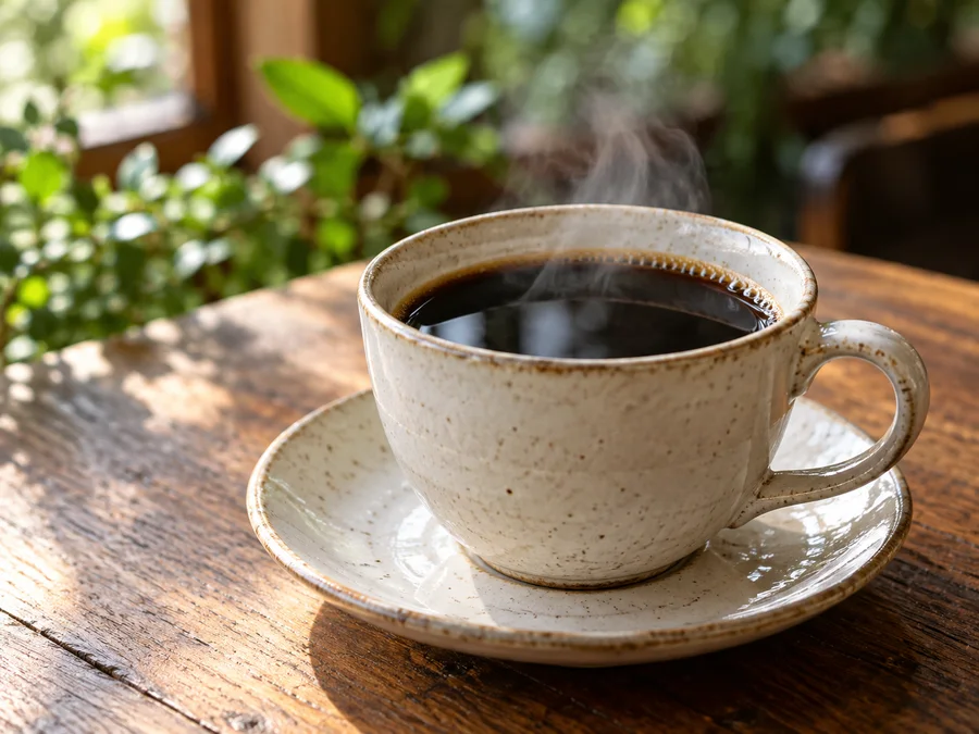 木のテーブルに置かれた森のブレンドコーヒー