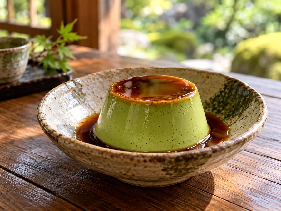 和陶器に盛り付けたカラメル入り抹茶プリン